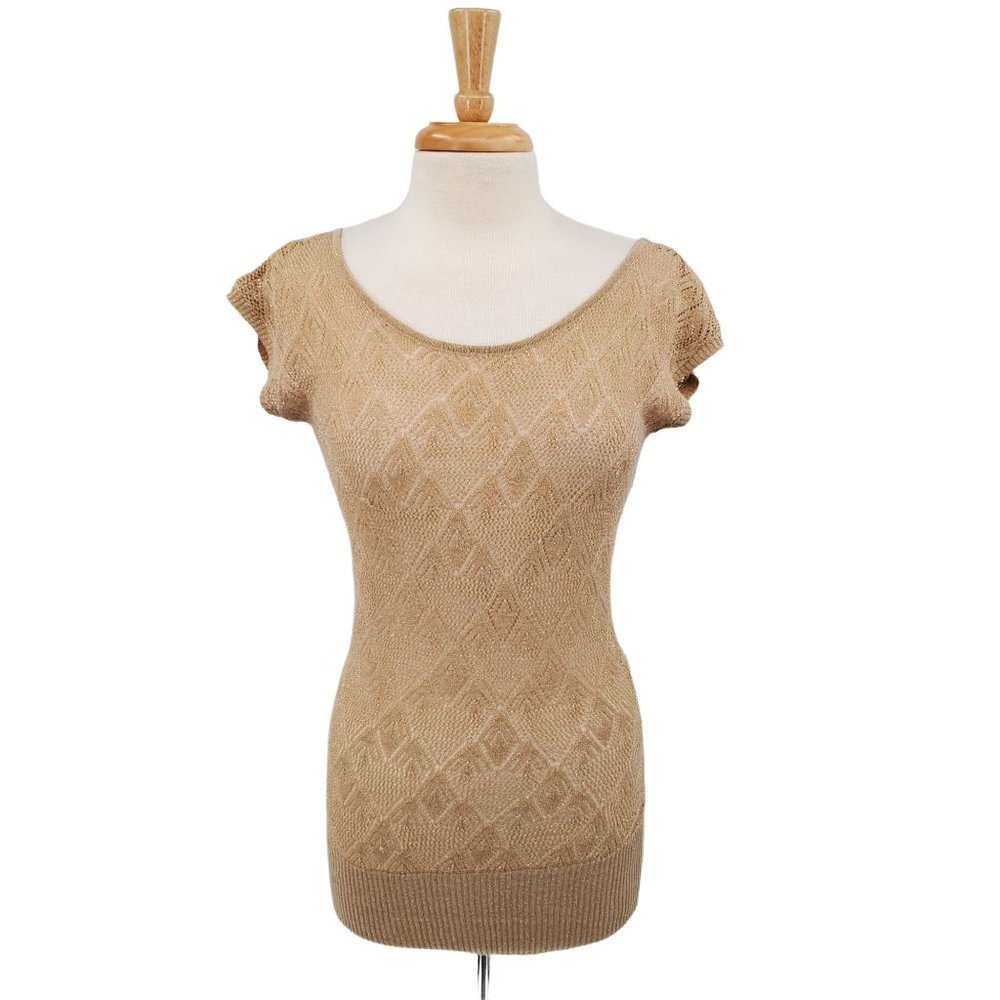 Xhilaration Womens Open Knit Sparkly Blouse Sz M Beige Short Sleeve Scoop Neck